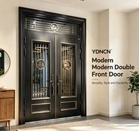 YDNCN Porte d'entrée double de luxe en alliage d'aluminium, design européen, avec fenêtre de transom et grille décorative, résistante à l'eau, haute