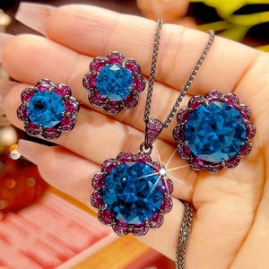 Eco-friendly Copper Blue Jewelry Set 16-10mm Royal Blue Cubic Zirconia Black Gold Fashion Vintage Pendant <b>Earrings</b> Ring Set - Product Image 2