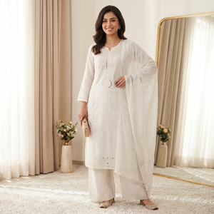 <b>Women</b> Traditional Indian Pakistani Cotton <b>Kurta</b> Set With Embroidered Details Ankle-Length Loose Fit Casual Wear - Product Image 1