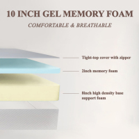 Fábrica al por mayor precio barato colchones de cama firme medio en caja 10 pulgadas de tamaño completo colchón de esponja de espuma viscoelástica de gel con cremallera