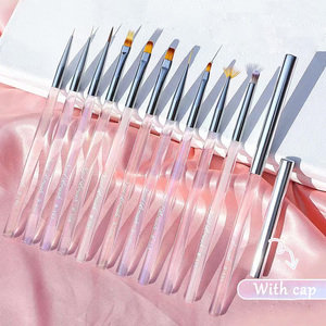 Clear Plastic Handle Nail Art Brushes Fine Nylon Liner Flower Petal Daisy Drawing Ombre Fan Blending Oval Flat Gel Brush <b>Set</b> - Product Image 5