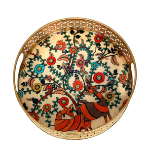 Bandeja Decorativa Redonda de Hierro Hecha a Mano, Plato de Servir Tradicional con Estampado Kalamkari de Árbol de la Vida y Ciervo, para Regalo - Artesanías Ali - Product Image 1