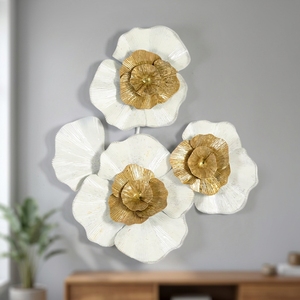 Décoration murale florale en métal doré et blanc de qualité supérieure, sculpture florale contemporaine, art mural décoratif 3D pour la maison, le bureau, l'hôtel - Product Image 6