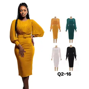 Elegant Ladies Women Customs Summer Dresses Long Sleeve Pleated Skirt Ruched Office Chiffon Wrap Dress