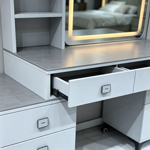 Modern White Vanity Table <b>with</b> <b>Lighted</b> Square <b>Mirror</b> and Storage Drawers - Product Image 3