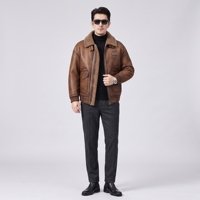 Veste en cuir véritable pour homme, marron, style bomber, fermeture éclair sur le devant, poignets côtelés, col en laine beige