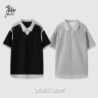 T-shirt Homme Personnalisé Effet Superposé Faux Deux Pièces Col Rayé Gilet Oversize Streetwear Vente en Gros Fabricant OEM ODM