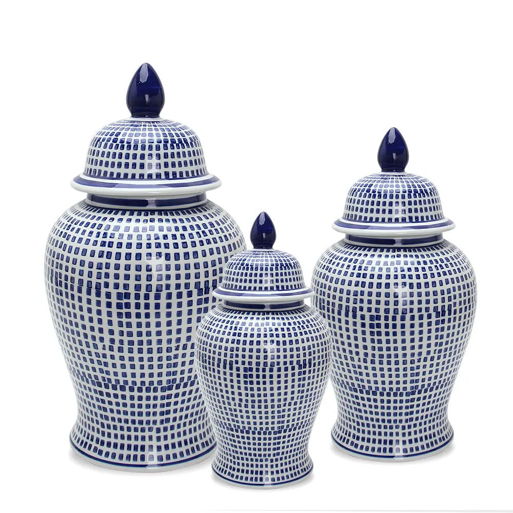 J202 Ceramic temple jar decors blue and white porcelain ginger jar three sizes set