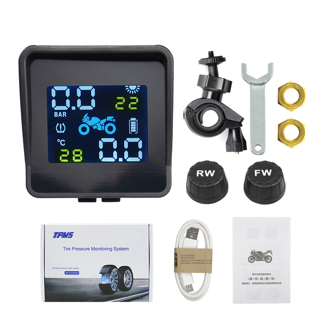 Solar Wireless Tire Pressure Monitoring System Motorcycle TPMS Tire Pressure Monitor LCD Display 2 External