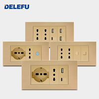 DELEFU - Enchufes de Pared Universales y Schuko de 2 Pines con Panel de PC Dorado Estándar Europeo Italiano