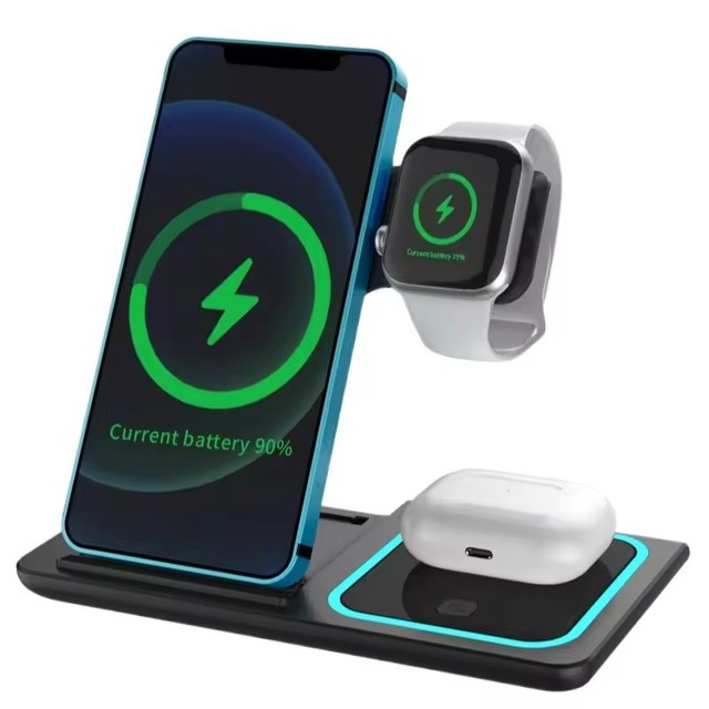 Factory Folding Magnetic Wireless Charging Stand 15W Fast Charger 5V/2A Desktop Charger for 3-in-1 Phone Watch Earphone