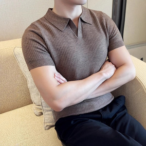 เสื้อโปโลแขนสั้นเข้ารูปสำหรับผู้ชาย, เสื้อคอตตอนผสมกาแฟสีน้ำตาลระบายอากาศ MLXL2XL3XL - Product Image 4