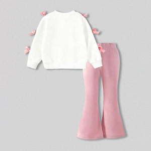 Adorabile Completo per Bambina con Fiocco Decorativo, Felpa Bianca e Pantaloni Rosa a Vita Elastica, Outfit Casual Morbido per Bambini Personalizzabile - Product Image 2