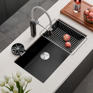 Évier de cuisine à poser sous plan en pierre de quartz noir, grande cuve unique, anti-taches, facile à nettoyer, pour usage domestique - Offre Spéciale - Product Image 1