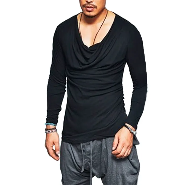Spring T shirt For Men Fashion Fold Design Solid T-shirt Long Sleeve Hip Hop Streetwear Slim Fit Men's Tshirt Tops