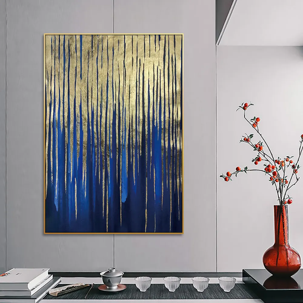 Modern Nordic Art Canvas Painting Abstract Still Life Style Blue Gold Leaf Art Poster Picture Framed For Living Room Wall Decor
