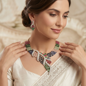 Luxurious Brass Multicolored Gemstone <b>Statement</b> <b>Necklace</b> Elegant CZ Diamond Indian Bridal Fashion Choker Chonky Jewelry - Product Image 3