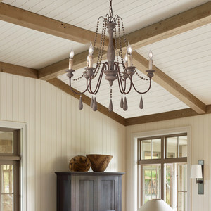 Lustre français en métal et bois, style rétro, avec perles, pour salle <span class=keywords><strong>à</strong></span> manger, salon, lampe de décoration de villa européenne antique, 6 têtes, style bougie - Product Image 2