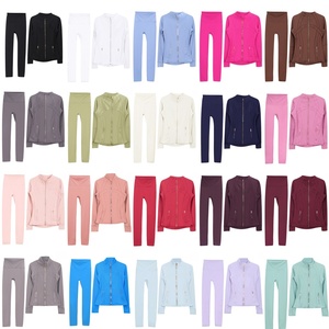 Conjunto Deportivo de Dos Piezas para Mujer, Leggings de Cintura Alta con Cierre Dorado Completo, Color Sólido, Otoño Invierno, Secado Rápido, para Yoga - Product Image 1