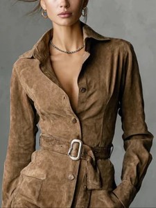 Vestido Camisero Largo Informal de Gamuza Retro Occidental al por Mayor, de <span class=keywords><strong>Manga</strong></span> <span class=keywords><strong>Larga</strong></span>, con Solapa, Cierre de Botón, Cintura Elástica, Liso Teñido, con Falda <span class=keywords><strong>Larga</strong></span> Delantera - Product Image 4