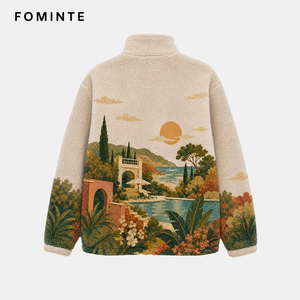 Chaqueta de forro polar estampada estilo vintage para <span class=keywords><strong>hombre</strong></span> y mujer, abrigo cálido de sherpa, ropa de calle con cuello alto y cremallera, venta al por mayor - Product Image 2