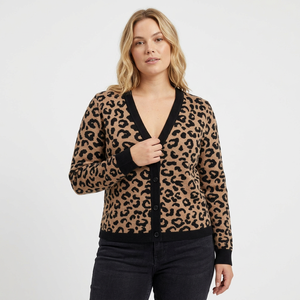 Cárdigan Elegante de Mujer con Estampado de Leopardo, Cuello en V, Tejido de Poliéster/Algodón, Manga Larga, Botones Delanteros, Logotipo en la Espalda, Disponible en Stock - Product Image 1
