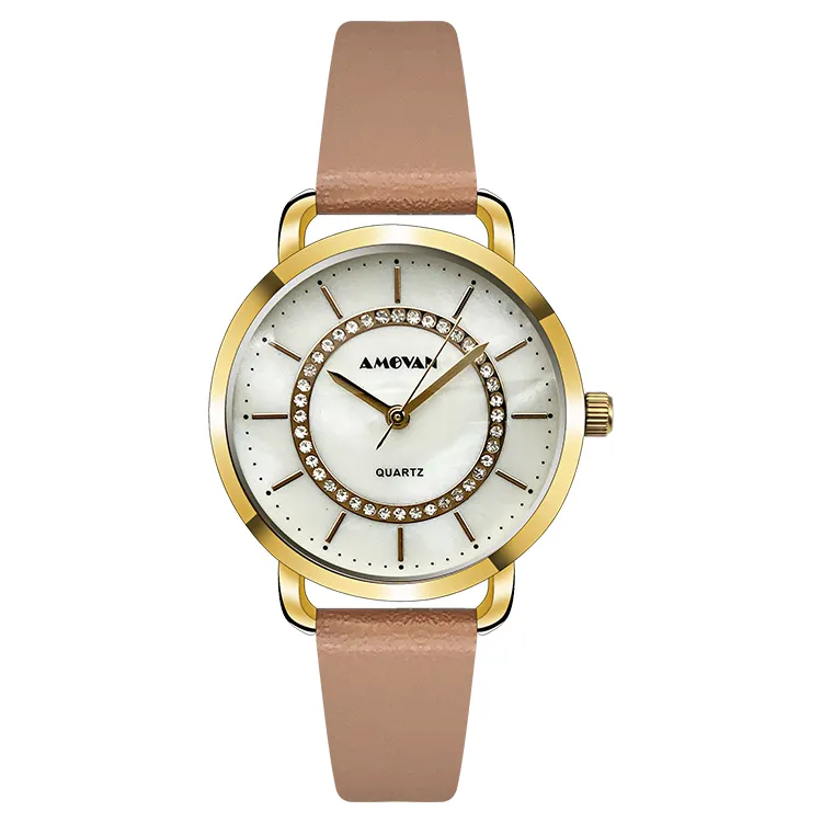 Luxury Diamond Decoration PU Band Quartz Watch Water Resistance Ladies Wrist Watch