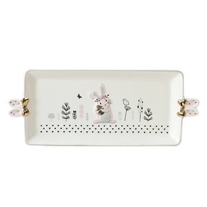 Del Coniglio di coniglietto Dell'orecchio Tenere con Oro Laurel Wreath Arco e Uova Lungo Piatti In Ceramica per la Primavera e di Pasqua! - Product Image 1