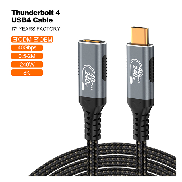 Thunderbolt 4 Male to Female Cable, 40Gbps Data 8K/60Hz Video Coaxial Data Cable 240W PD Charging Compatible with MacBook Dell