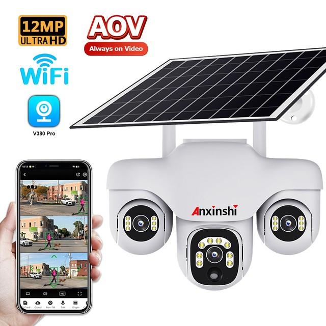 12MP WiFi Solar Outdoor Security Camera Three Lens 3PTZ Floodlight Pan-Tilt Function CMOS Real Time Motion Detection