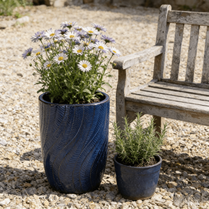 Glazed Ceramic Flower Pot Cobalt <b>Blue</b> Wavy <b>Feather</b> Embossed Texture Indoor Outdoor Garden Planter Drainage Hole Eco-Friendly - Product Image 1