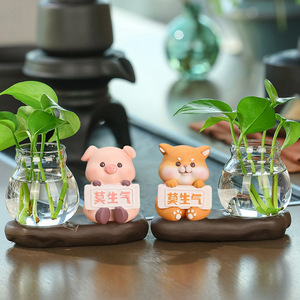 <b>Cute</b> Pig And Dog Resin Figurine With Glass Vase Plant Set 2Pcs Desk Decor Office Gift - Product Image 1