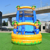 Toboggan aquatique gonflable tropical commercial sur le thème des palmiers, grand toboggan aquatique avec piscine pour enfants et adultes, location pour fêtes en plein air