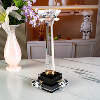 Porte-bougie en cristal noir transparent avec base carrée étagée, anneau doré, colonne à facettes et spirale blanche pour bougie conique, décoration d'intérieur
