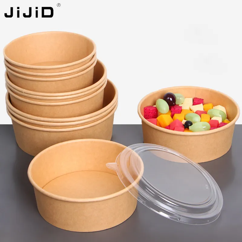 Jijid dùng một lần giấy kraft Bát salad với nắp giấy dùng một lần bát cho thức ăn nhanh bán buôn Vòng giấy bát nắp