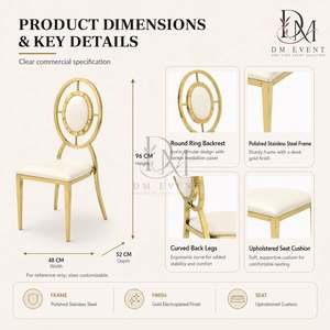 Chaise de réception de mariage Target Ring Back en acier inoxydable doré avec coussin blanc pour salles de banquet, vente en gros de sièges - Product Image 4