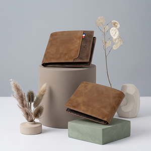 Custom Men's Brown Crazy Horse Cow Leather Short Bifold <b>Wallet</b> with Coin Pocket <b>RFID</b> <b>Blocking</b> Open Closure - Product Image 5