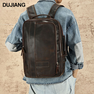Dujiang Men's Genuine <b>Leather</b> <b>Backpack</b> Crazy Horse Brown 20L Business Travel Laptop Bag <b>Large</b> Capacity Soft Handle Solid Color - Product Image 1