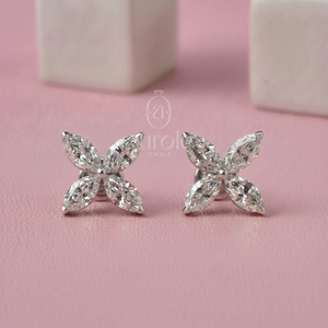 ต่างหูเพชรทรงมาควิสประดับดอกไม้ทองคำขาว 14K เครื่องประดับหรูหรา ดีไซน์ดอกไม้สุดหรูสำหรับเจ้าสาว - Product Image 1