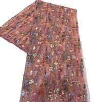 Tissu en dentelle africaine rose à paillettes avec perles, tulle brillant pour mariage, 100% polyester, tissu élastique pour robe, 5 yards QIDA