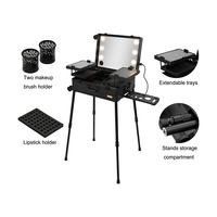 Valise à roulettes en aluminium noir, valise de beauté, valise à maquillage portable avec miroir LED pour salon de coiffure, artiste