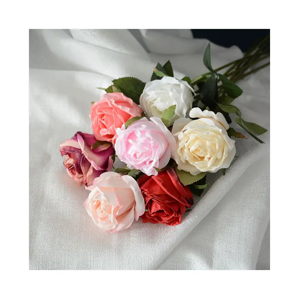 Hot Sale Casamento Decoração Simulação Silk Roses Artificial Single Stem Burnt Edge Rose Flower
