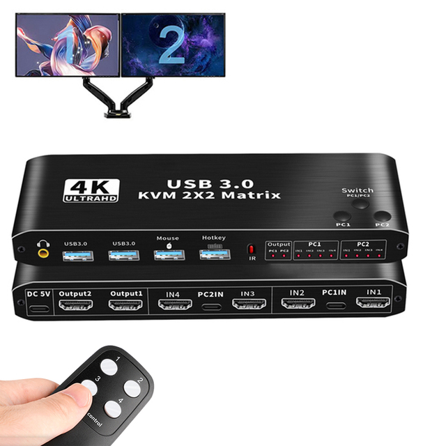 2x2 KVM for HDMI Switch Matrix 4K 60Hz Dual Monitor USB KVM Switcher for 2 Computers & 2 Monitors Plastic Material
