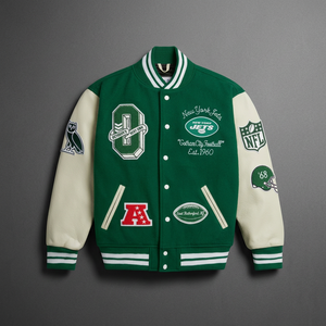 เสื้อแจ็คเก็ตวาร์ซิตี้ผู้ชายแบบสั่งทำพิเศษ ปักลายตัวอักษรแบบ Letterman แจ็คเก็ตเบสบอล แขนเสื้อสีเขียว พร้อมแผ่นปะติดด้านนอก - Product Image 3