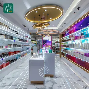Glass Cosmetic Counter Design Perfume Shop Display Stand Custom Wig Shelf Display Retail Beauty Shelf