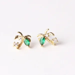 Trendy Brinco Mulheres Bonito Pequeno Brincos de Prata 18K Cor do Ouro Meninas Verde Opal Zircon Palmeira Brincos