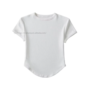 T-shirt court à col rond et ourlet incurvé pour femme, coupe ajustée, côtelé, manches courtes, tendance - Product Image 3
