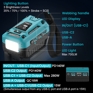 แหล่งจ่ายไฟ140W USB-C PD สำหรับ <span class=keywords><strong>Makita</strong></span> อะแดปเ<span class=keywords><strong>ต</strong></span>อร์<span class=keywords><strong>แบ</strong></span><span class=keywords><strong>ต</strong></span>เตอรี่18V ที่ชาร์จเร็ว<span class=keywords><strong>แบ</strong></span>บพกพา - Product Image 4
