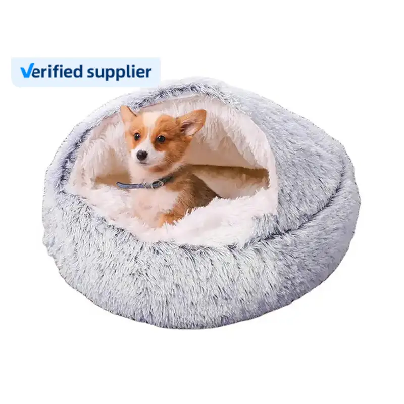 Camas para perros con capucha de felpa esponjosa cómoda lavable de piel sintética personalizada y éxito de ventas al por mayor, cama redonda para mascotas