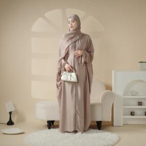 Атласное мусульманское платье с молнией спереди, блестящие шифоновые кимоно Омбре абайя, одинаковый хиджаб, комплект из двух предметов, платье-халат с вышивкой «летучая мышь» - Product Image 5